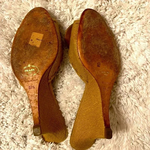 PRADA Calzature Donna Canvas Stone Embelished Wedge  Sandals size 37.5 /7 - Picture 6 of 7